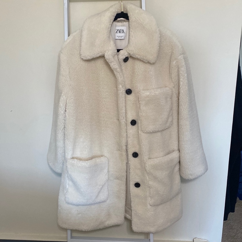 Zara Cream/White Fluffy Long Coat